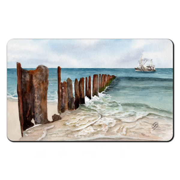 Frühstücksbrettchen Brettchen Aquarell Kunst Druck Maritim Dänemark Wellenbrecher Nordsee Ostsee Düne Dünen Meer Möwe Möwen Strand